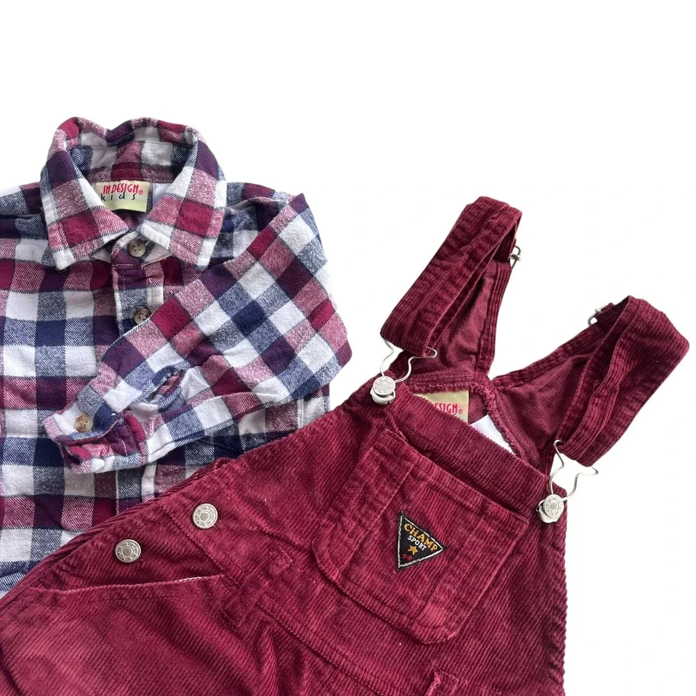 In Design Kids Vintage Sz 18 Months Burgundy Corduroy Overalls Flannel Shirt Set
